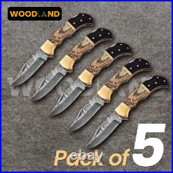 Lot of 5 PCS Damascus handmade Folding knife camping Hunting Knife wid Pouch