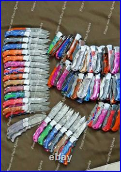 Lot of 50 Custom Handmade Damascus Steel Mix Folding & Pocket Knives From USA