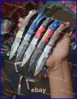 Lot of 50 Custom Handmade Damascus Steel Mix Folding & Pocket Knives From USA