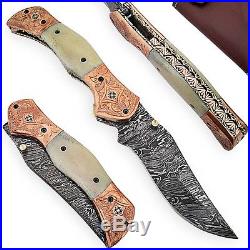 Magnum Rancher Damascus Folding Knife Engraved Copper Bolster Camel Bone Grip
