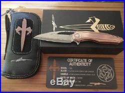 Microtech copper sigil flipper knife with bronzed hadware and damascus blade