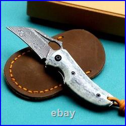 Mini Drop Point Folding Knife Pocket Hunting Survival Damascus Steel Bone Handle