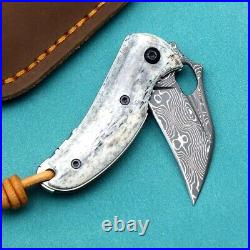 Mini Drop Point Folding Knife Pocket Hunting Survival Damascus Steel Bone Handle