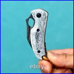 Mini Drop Point Folding Knife Pocket Hunting Survival Damascus Steel Bone Handle