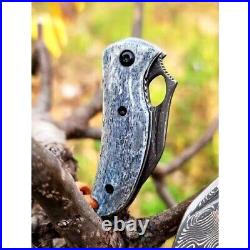 Mini Drop Point Folding Knife Pocket Hunting Survival Damascus Steel Bone Handle