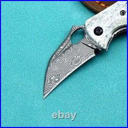 Mini Drop Point Folding Knife Pocket Hunting Survival Damascus Steel Bone Handle