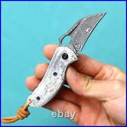 Mini Drop Point Folding Knife Pocket Hunting Survival Damascus Steel Bone Handle