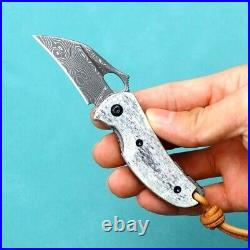 Mini Drop Point Folding Knife Pocket Hunting Survival Damascus Steel Bone Handle