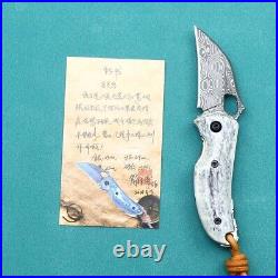 Mini Drop Point Folding Knife Pocket Hunting Survival Damascus Steel Bone Handle