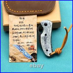 Mini Drop Point Folding Knife Pocket Hunting Survival Damascus Steel Bone Handle