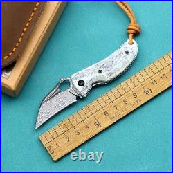 Mini Drop Point Folding Knife Pocket Hunting Survival Damascus Steel Bone Handle