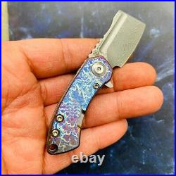 Mini Wharncliffe Folding Knife Pocket Hunting Survival Damascus Steel Titanium S