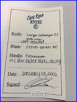 New Chris Reeve Knives, LEFT HAND Large Sebenza 21, Box Elder Burl Free Gift