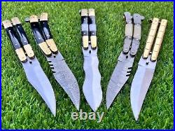 Pack of 5 Custom Handmade Damascus Steel Folding Knives With Sheath
