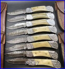 Pack of 8 Engraved Folding Knife Damascus Steel Pocket Knife Sheaths Bone Handle