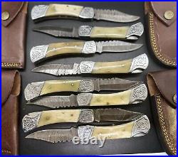 Pack of 8 Engraved Folding Knife Damascus Steel Pocket Knife Sheaths Bone Handle