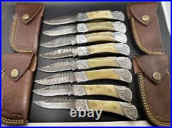 Pack of 8 Engraved Folding Knife Damascus Steel Pocket Knife Sheaths Bone Handle