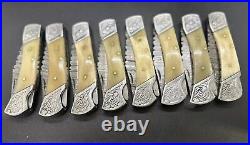 Pack of 8 Engraved Folding Knife Damascus Steel Pocket Knife Sheaths Bone Handle