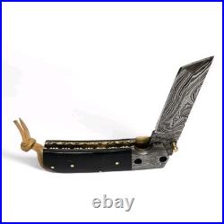 Perkin Handmade Damascus Steel Tanto Pocket Knife Lockback Horn Handle & Brass