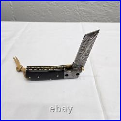 Perkin Handmade Damascus Steel Tanto Pocket Knife Lockback Horn Handle & Brass