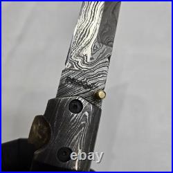 Perkin Handmade Damascus Steel Tanto Pocket Knife Lockback Horn Handle & Brass