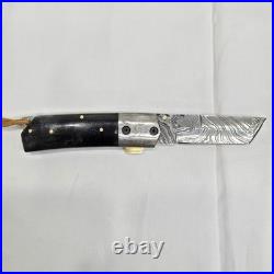 Perkin Handmade Damascus Steel Tanto Pocket Knife Lockback Horn Handle & Brass