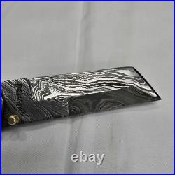 Perkin Handmade Damascus Steel Tanto Pocket Knife Lockback Horn Handle & Brass