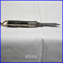 Perkin Handmade Damascus Steel Tanto Pocket Knife Lockback Horn Handle & Brass