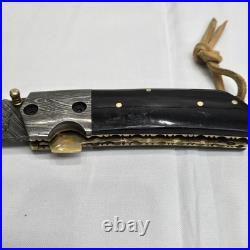 Perkin Handmade Damascus Steel Tanto Pocket Knife Lockback Horn Handle & Brass