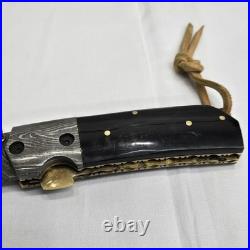 Perkin Handmade Damascus Steel Tanto Pocket Knife Lockback Horn Handle & Brass