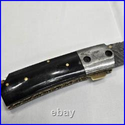 Perkin Handmade Damascus Steel Tanto Pocket Knife Lockback Horn Handle & Brass