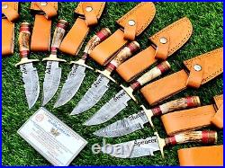 Personalized Set of 6 Groomsmen Damascus Steel Hunting knife Handle Deer Antler