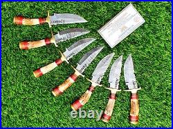 Personalized Set of 6 Groomsmen Damascus Steel Hunting knife Handle Deer Antler