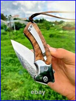Premium Drop Point Folding Knife Pocket Hunting Combat Tactical Damascus Steel S