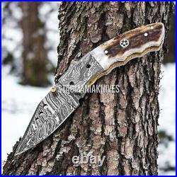 Premium Hand Forged Damascus Steel Hunting Stag Fixed Pocket / Folding Knife