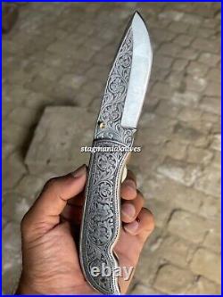 Premium Hand Forged J2 Steel Hunting Hand Engraved Pocket Knife Folding Knife