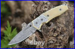 SHOKUNIN USA Forged Damascus Pocket Knife Liner Lock Bone Handle With Sheath