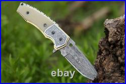 SHOKUNIN USA Forged Damascus Pocket Knife Liner Lock Bone Handle With Sheath