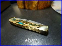 Santa Fe Stoneworks 4 1/4 Pocket Knife Cholla Wood & Turquoise Han Damascus Bla