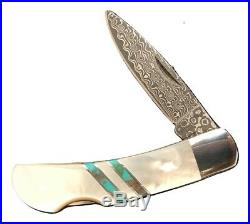 Santa Fe Stoneworks Damascus- 3' Lock Back Knife- Mother Of Pearl