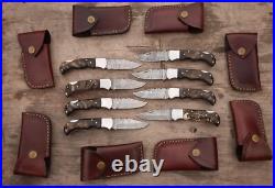 Set Of 20pcs Of Custom Pocket Knives, Ram Horn Handle With Leather Sheath