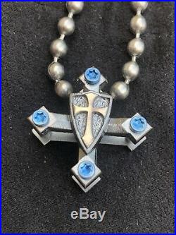 Steel Flame Crusader Shield Double Cross Pendant / Lanyard Badge Holder NEW