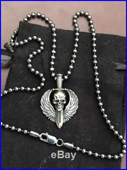 Steel Flame Darkness Mini Guardian Sterling Pendant & SF 3mm Seed Bead Necklace