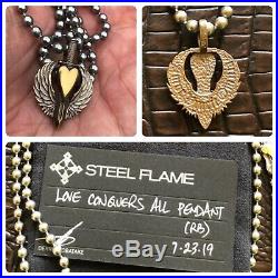 Steel Flame Love Conquers All Royal Bronze Pendant & Ball N Chain Necklace NEW