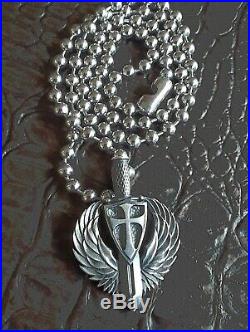 Steel Flame XL Sancte Michael Crusader Silver Pendant Ball n Chain Bead Necklace