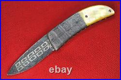 Steven Schwarzer Yellow Fever Folder. 10 Damascus Blade, Bolster Gold Lip Pearl