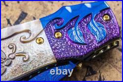 Suchat Custom Folding Knife Color Damascus Black Pearl 6AL4V Titanium Anodized