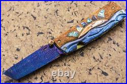 Suchat Custom Folding Knife Color Damascus Tanto Blade Mokume Titanium Abalone