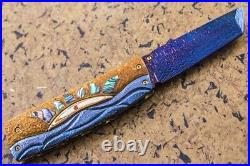 Suchat Custom Folding Knife Color Damascus Tanto Blade Mokume Titanium Abalone