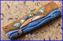 Suchat Custom Folding Knife Color Damascus Tanto Blade Mokume Titanium Abalone